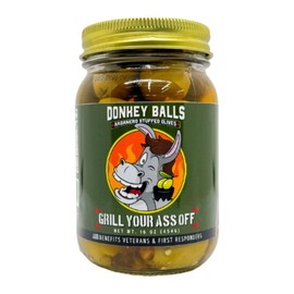 GYAO Donkey Balls Green Olives Pitted - 16oz Hot & Spicy Stuffed Olives with Habanero Peppers for Cocktails, Charcuterie or Sandwiches - MSG and Gluten Free Pitted Olives - Veteran Owned & USA Made
