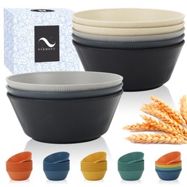 PYRMONT 36 OZ Cereal Bowls - Wheat Straw Sets of 8 Reusable Unbreakable Plastic for Soup, Salad, Rice, Noodles - Microwave & Dishwasher Safe - Black to Grey