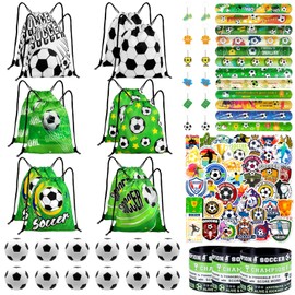 Yeepestmi 110Pcs Soccer Party Favors Drawstring Bags Soccer Goodie Bag with Mini Ball, Wristband, Slap bracelets, Keychains, Stickers for Soccer Party Supplies
