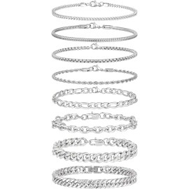 8Pcs Chain Bracelet Stainless Steel Curb Width Rope Figaro Cuban Link Paperclip Twist Chain Bracelets Set 7.5InchesColor: Silver