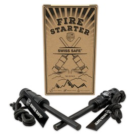 Swiss Safe 5-in-1 Fire Starter with Compass, Paracord and Whistle (2-Pack) for Emergency Survival Kits, Camping, Hiking, All-Weather Magnesium Ferro Rod (Black)