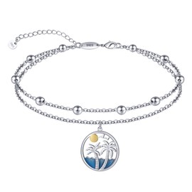 Palm Tree Anklet for Women Dangling Seagull Sterling Silver Round Pendant Ankle Bracelets for Summer Adjustable Beach Ankle Mother's Day Jewelry Gifts