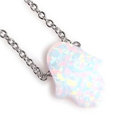 Hamsa Hand of Fatima Pendant Necklace 925 Sterling Silver Synthetic Opal Pendant Necklace Adjustable Chain Length 16"+2", Sterling Silver, Opal