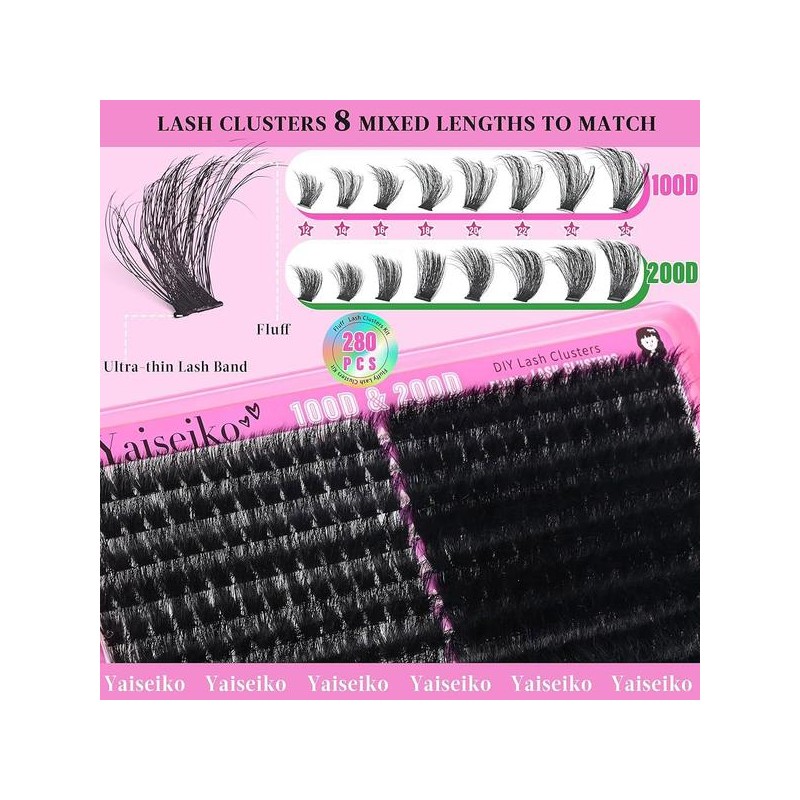 Yai Lash 클러스터 100D+200D 두꺼운 속눈썹 12-25mm Wispy 개별 메가