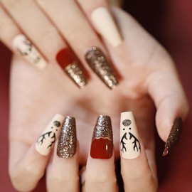 Florry Medium Coffin Fake Nails Red Matte Press on Nails for Christmas Snowflake Cute Acrylic Nails for Women and Girls 24Pcs (Elk)