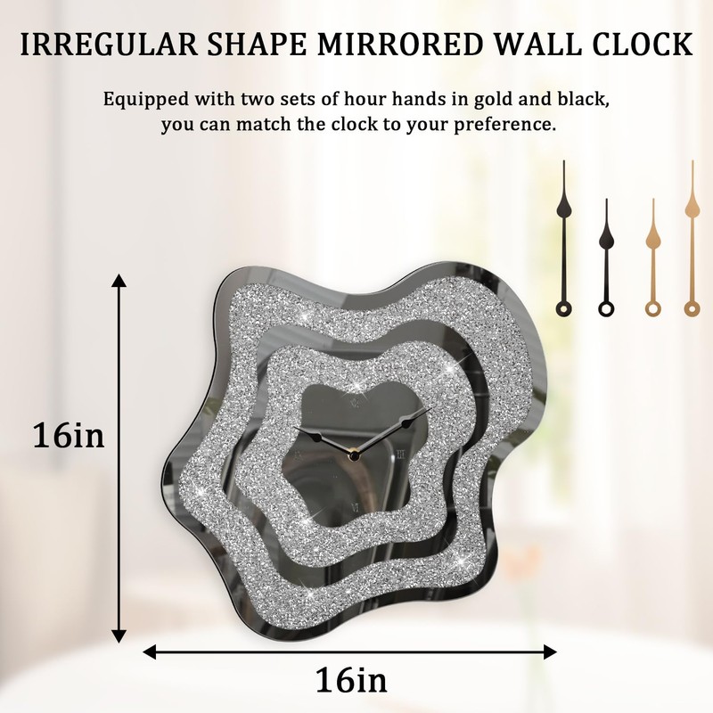 FEUFOAM Wall Clock Silver Irregular Mirror Glass Clocks Cute Crystal