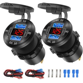 2 Pack 12V USB Outlet 4 Port Car Charger Socket, 78W Dual PD USB C and Dual Quick Charge 3.0 Port Aluminum Charger with Red Voltmeter DIY Kit Waterproof for Car Boat Marine Motorcycle RV Truck, etc
