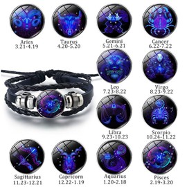 ANGLEQUEEN Spirit Leo Bracelet Zodiac Tie Constellation Bracelet 12 Constellation Zodiac Signs Guardian Fluorescent Woven Black Leather Bracelet for Women Men Jewelry (E-Leo(7.23-8.22))