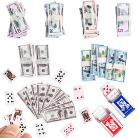 SAMCAMI Miniature Dollhouse Accessories, Dollars Fake Money and Mini Playing Cards, Prop Money Realistic, mini Stuff (No.1)