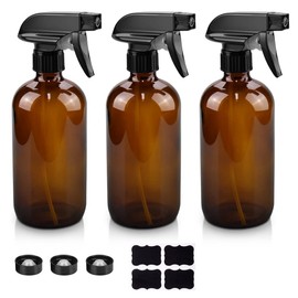 Worldgsb Glass Spray Bottles, 16oz Amber Glass Spray Bottles with Labels & Adjustable Nozzle, Reusable Containers for Cleaning, BBQ, Food, Plants, Alcohol, Essential Oils(3 Pack)