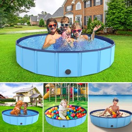 Foldable Dog Pool, Dog Pet Swimming Pool Portable PVC Pet Bathing Tub with Water Drainage for Pets Dogs Cats and Kids (48 * 12)