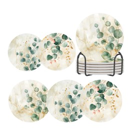 ubcindy Eucalyptus Green Leaves in Marble Coasters Set of 6 for Drinks,Round Absorbent Ceramic Stone Coaster with Metal Holder Stand,Herbs Plant Coasters with Cork Base for Coffee Kitchen Party Gifts