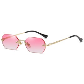 RUNHUIS Retro Rimless Rectangular Sunglasses for Women Men Vintage Hexagon Tinted Lenses, Gold/Pink Gradient