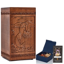Lotoo Wooden Urn for Ashes Adult Male Female, Hand-Carved Fishing Pattern Cremation Urns for Human Ashes, Decorative Funeral Memorial Urns Box for Men Women, Holds 250 Cubic Inches