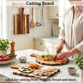 2Pcs Acacia Wood Scalloped Cutting Board with Handle Wooden Chopping Board Decorative Cutting Boards for Kitchen Decor Charcuterie Boards Serving Tray for Cheese Bread Pizza Fruit Meat
