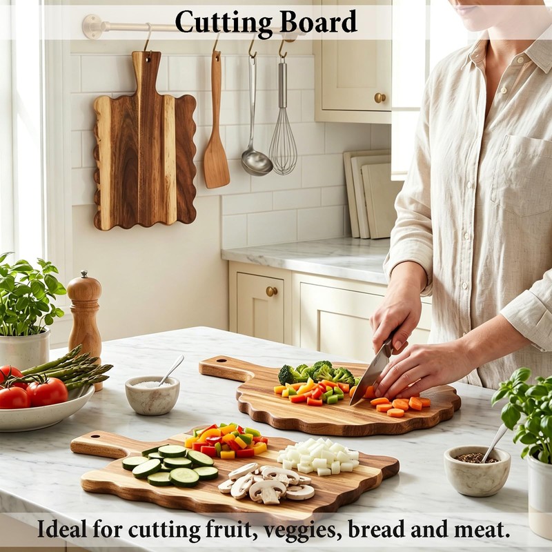 2Pcs Acacia Wood Scalloped Cutting Board with Handle Wooden Chopping
