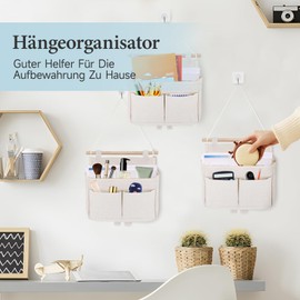 Qeuufieu Pack of 3 Hanging Organiser Hanging Bag, Storage Bag Hanging, Wall Hanging Storage, Linen Fabric Organiser Hanging, Wall Organiser with Hooks for Home, Office, Bathroom, Children's Room