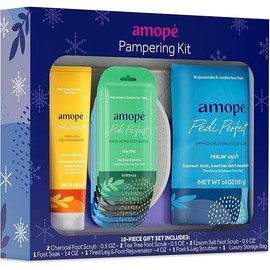 Amopé Pampering Kit - Contains Charcoal Foot Scrub, Tea Tree Foot Scrub, Epsom Salt Foot Scrub, Invigorating Foot Soak, Tired Leg & Foot Rejuvenator, Foot & Leg Scrubber and Luxury Storage Bag