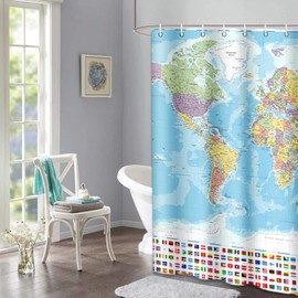 Ssddyes Shower Curtain Set with 12 Hooks, Green Blue Red World Map, Bath Decor Ocean Sea Map of The World Waterproof Polyester Fabric Curtain for Bath Decor 72x72 Inches