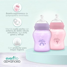 Evenflo Advanced Biberón Anticólicos Avanzado, Cuello Ancho, Rosa y Lila, Silicón Grado Alimenticio, 150ml, Sistema Doble Válvula, Flujo Lento, para B