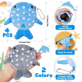 SilTriangle 4 Pcs Whale Shark Coin Purse, Plush Coin Pouch with Zipper, Kawaii Shark Wallet, Fish Sea Animal Change Purse for Kids Girls Women Cosmetic Items Earphone Gifts, Blue, Gray