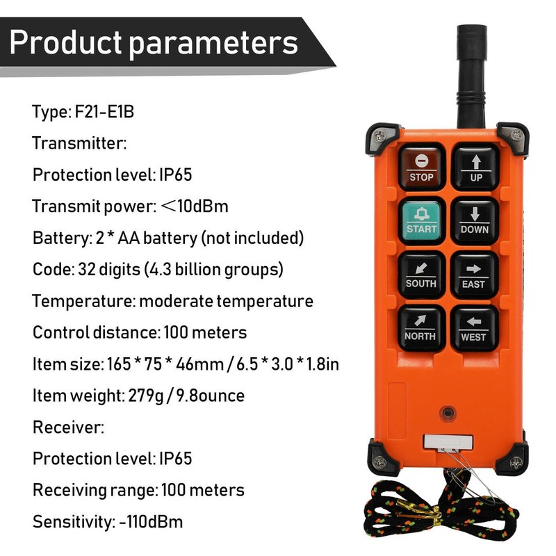Wireless Crane Remote Control, 2X 8-Button Transmitter + 1x Receiver,