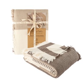 DREAMY RIKKA Muslin Blanket Queen Size 83"x89" for Adults Turkish Cotton Breathable Lightweight Fluffy Gauze Bed Blanket for Bed Couch Oeko Tex 3 Layer Earth Brown