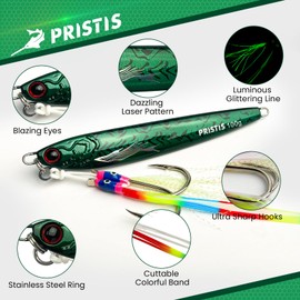 Pristis 2.1 oz Fishing Rigged Jigs, Saltwater Fast Pitch Jigging, Speed Cast Sinking Vertical Lure, Durable Metal Spoon Bait, Deep Sea Fall Flat with Assist Hooks for Tuna Freshwater (Hunter Green)