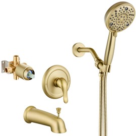 Aolemi Shower Faucet Set with Tub Spout Rain Shower Head System Shower Trim Kit Pressure Rough-in Valve Included ABS 8 Setting Single Handheld Spray Brushed Gold