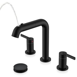 KENES Matte Black Pull Out Bathroom Faucet, 8 Inch 2 Handle Widespread Bathroom Faucet 3 Hole with Pull Down Sprayer, Bathroom Sink Faucet with Pop Up Drain & Supply Lines LJ-9058A-2