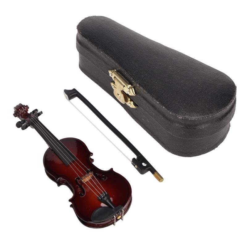 Wooden Miniature Violin with Stand Bow and Case Mini Musical