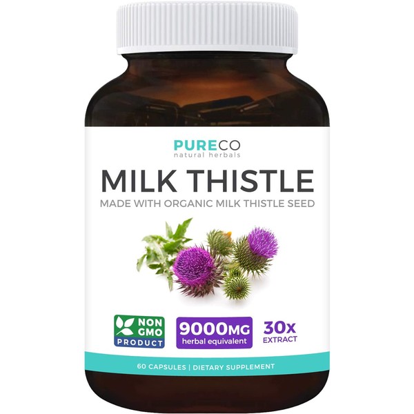 Organic Milk Thistle Extract (80% Silymarin) Super-Concentrated for 9,000mg of Milk Thistle Seed Power: Supports Liver Cleanse, Detox & Health - Vegan - 60 Capsules (Pills)