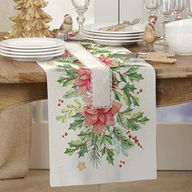 ARKENY Christmas Floral Leaf Table Runner 13x72 Inches, Winter Holiday Indoor Outdoor Table Decoration for Home