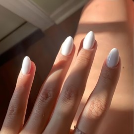 KQueenest Upgrade Thick Acrylic Press on Nails Short Oval, Milk White Fake Nails for Women Daily Wear, UV Cover Acrylic Nails Press on Short Almond, Natural Fit Reusable Glue on Nails in 24 Pcs