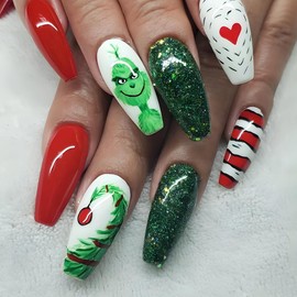 Christmas Press on Nails Medium Coffin Fake Nails Cartoon Green Haired Monster Candy Cane Designs Acrylic Nails Red Green Glue on Nails Winter Xmas False Nails for Women Girls Holiday Manicure