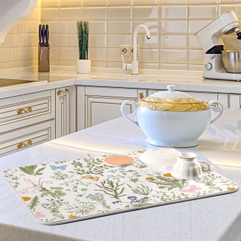 Herbs Flowers Botanical Butterfly Dish Drying Mat for Kitchen Counter