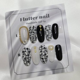 Black tweed chain handmade nail tip - Mediaval / 블랙 트위드 체인 수제네일팁 - 미디오발