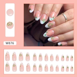 St. Patrick's Day Press on Nails with Glitter Clover Design French Tip Fake Nails Shamrock Full Cover Green Leaf False Nail Glossy Clover Glue on Static Nails for Women Irish National Day DIY Manicure