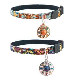 IDOLPET 2 Pack Cat Collar Breakaway Cat Collar Set with Tassel Tribal Aztec Pattern Adjustable Safety Kitten Collar with Bell (Orange + Dark Blue)…