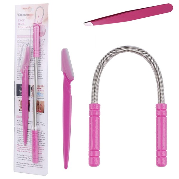 Hair Removal Spring, Kapmore Threading Hair Removal Removes Hair on The Upper Lip, Chin, Cheeks and Sideburns Including Facial Hair Epilator with Beauty Tweezers, Eyebrow Shaping Razor(Pink) (Pink)
