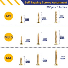 Xyxu Wood Screws Assortment Kit -390PCS M3, M3.5, M4 Self Tapping Screw Set, 16-40mm Carbon Steel Zinc Coated Countersunk Small Assorted Screws for Wood and Various DIY Woodworking Projects