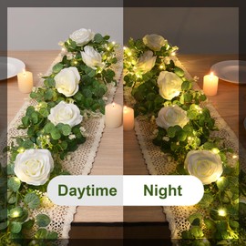 Dolicer 2Pcs 13Ft Artificial Eucalyptus Garlands with Flowers - 8 Roses, Faux Floral Greenery Garlands with 13Ft String Lights Fake Flower Vines for Wedding Table Centerpieces Arch Party Decor (White)