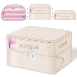 Comforter Storage Bag, Ultra Space Saving Compression Organizer Bags with Clear Window and Handle, for Blankets, Pillows, Bedding, Duvets, Sheets, and Winter Clothes(Beige, L, 21.3 * 16.5 * 11.8in)