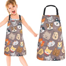 FUKPO Kochschürze Kinder, Verstellbar Kinderschürze Mädchen Jungen Küchenschürze Backschürze mit Taschen, Abwaschbar Schürze Kinder 3 Jahre 4 Jahre 5 Jahre Malen Basteln Schule Garten(Hund)