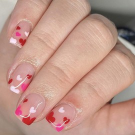 Heart Press on Nails Short Square Fake Nails with Design Red Pink Love Glue on Nails Reusable Heart False Nails Glossy Valentines Nails for Women Girls Manicure 24pcs