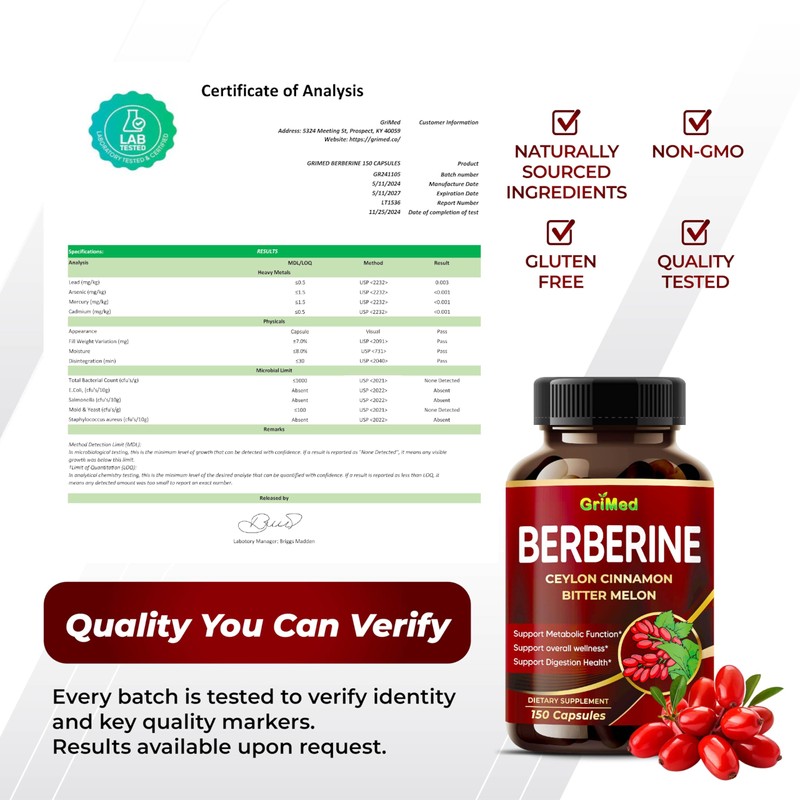 GriMed Berberine Supplement 9,500mg with Ceylon Cinnamon Bitter Melon Supports