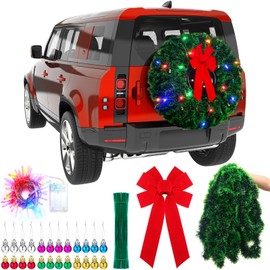 Wavwavw LED Christmas Car Spare Tire Decoration Make Your Own Truck Wreath 98.4 ft Tinsel Garland 24 Pcs Christmas Balls Ornaments Battery Operated Lights Outdoor Festive Accessory Decor(Green)