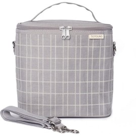 SoYoung Lunch Poche - Insulated Lunch Bag for Work, Travel & Picnic, Aesthetic Design, Linen/Cotton, Machine Washable, Detachable Strap - Grey Grid