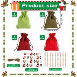 Christmas Advent Calendar Bags DIY Countdown 24 Days Christmas Calendar Burlap Bags Drawstring Reusable for Gifts Presents Christmas Decoration Kids Adults (4 color)