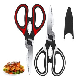 SHARRLA 2PCS of Kitchen Scissors Heavy Duty Stainless Steel Kitchen Scissors with Safety Cover - Pizza Scissors - Multi Purpose Shears for Chicken UK Dish Washer Safe(Red Black+ White Black)